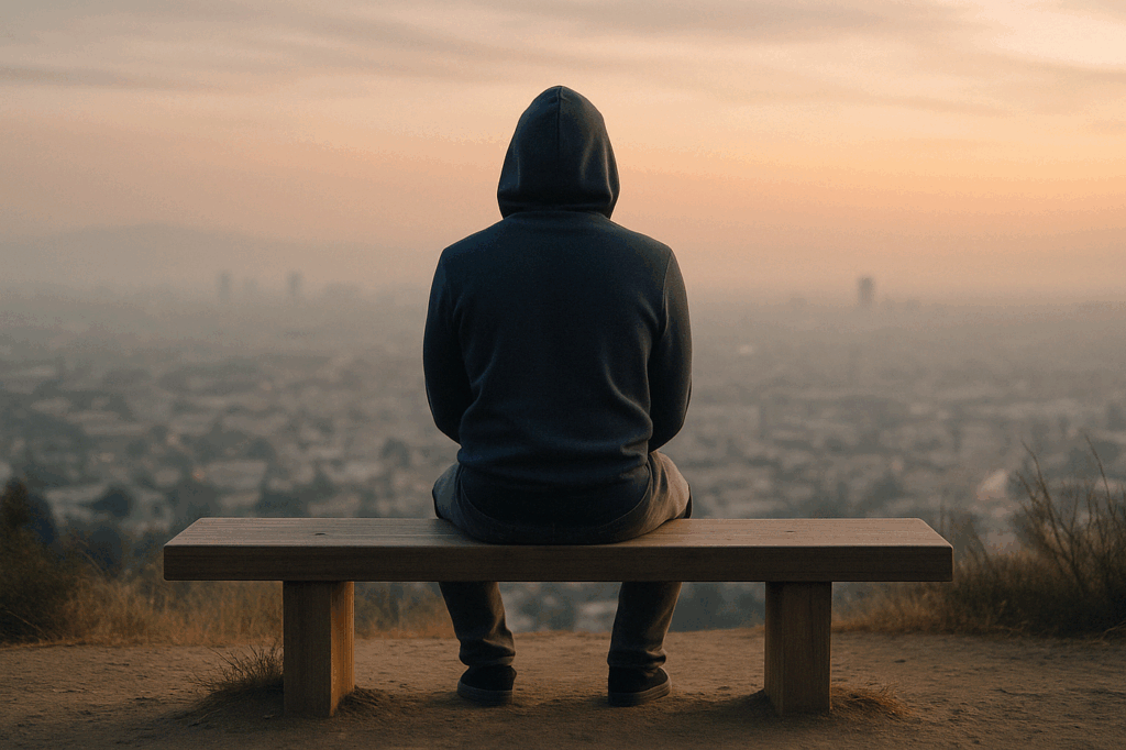 Person sitting quietly at sunrise with a blank expression, symbolizing numbness in early recovery