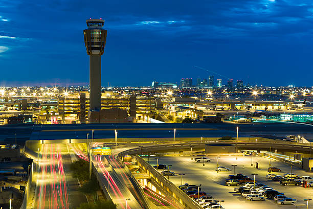 Aerial shot of Phoenix Sky Harbor Airport with clear skies, symbolizing arrival in Arizona for rehab